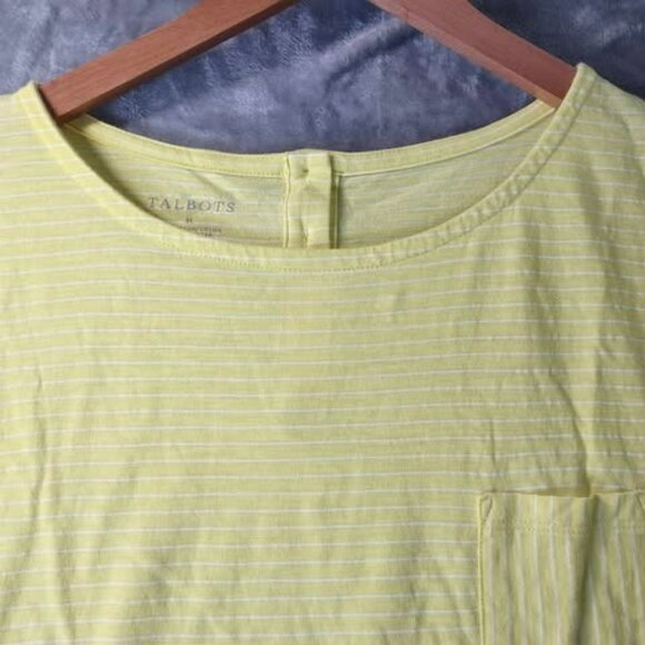 Talbots M Yellow Striped ShortSleeve Pocket Button Back Detail preppy casual Top - Picture 5 of 9